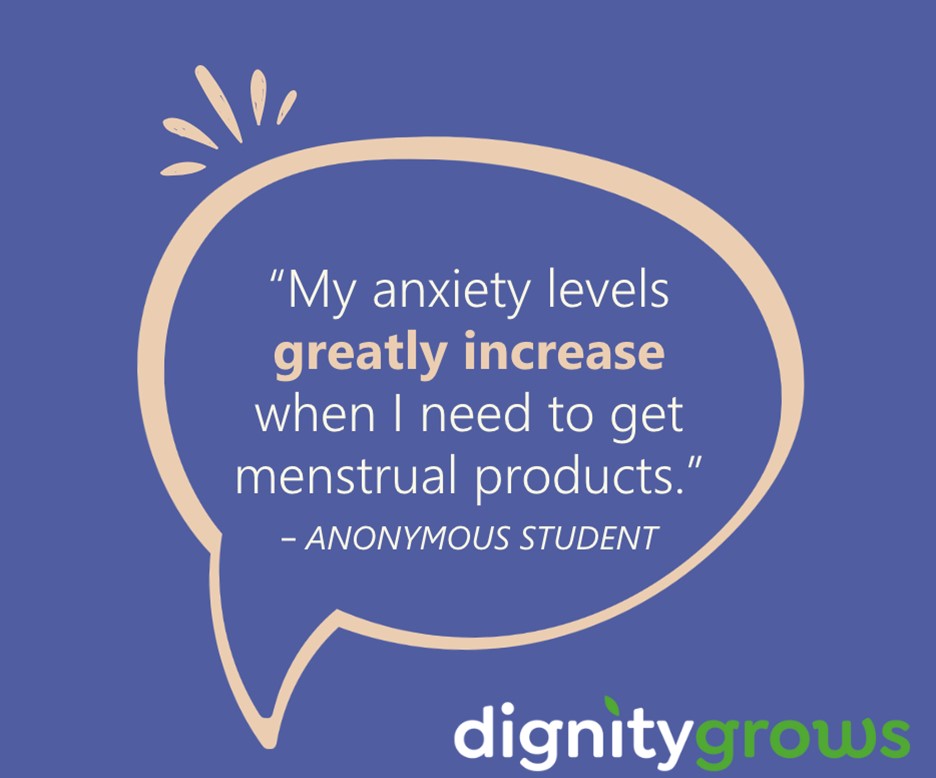 A graphic depicts a quote from a student that reads "my anxiety levels greatly increase when I need to get menstrual products."