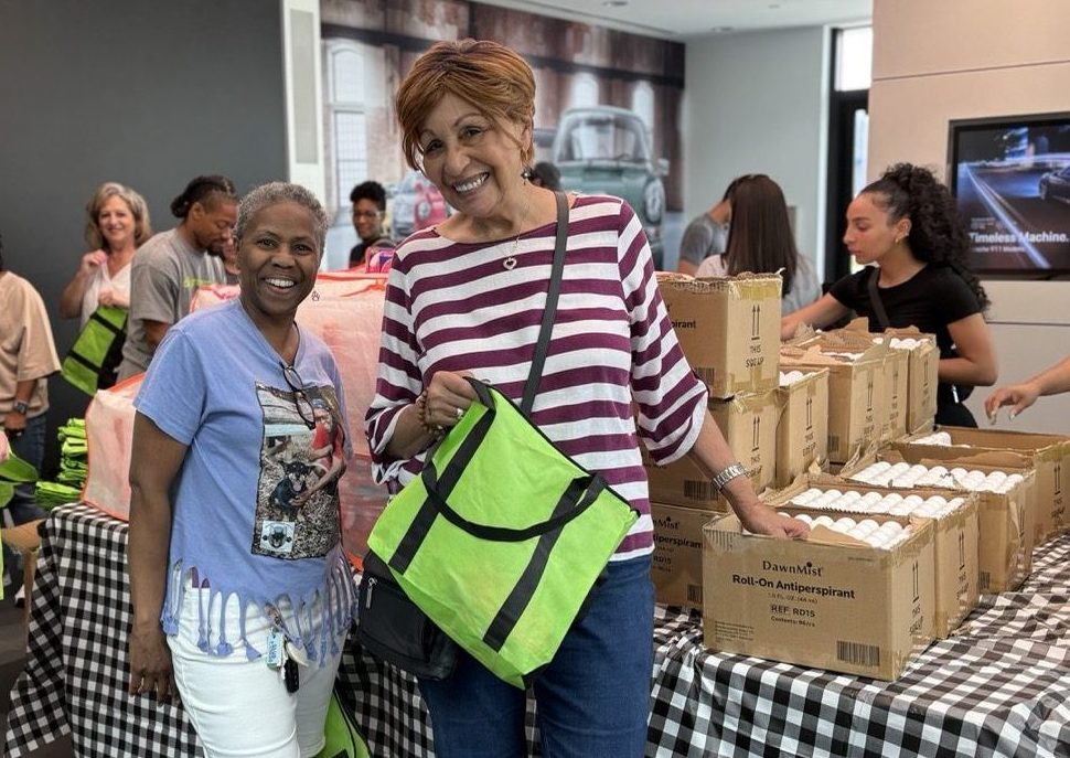 Dignity Grows Hartford volunteer assembled Hope In A Bag hygiene tote with products for those in need of hygiene items.